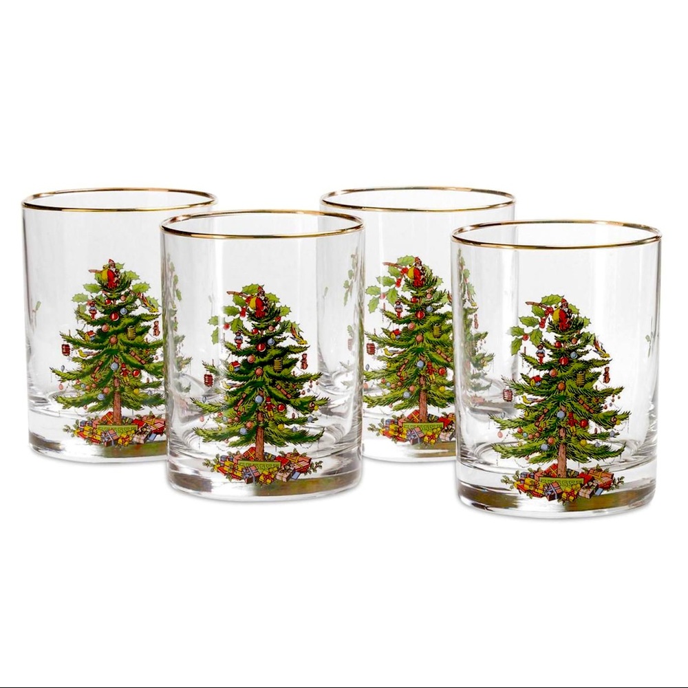 Set of 4 Spode Christmas Tree Double Old Fashioned Gold Rimmed Glasses